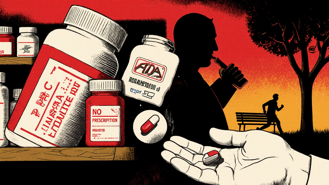 Branded pill bottles collapsing as generic capsules are picked up, with warning sign and medical device in background.