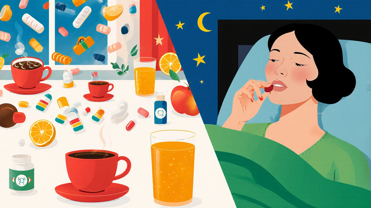 Contrasting morning chaos with nighttime calm for thyroid medication timing.