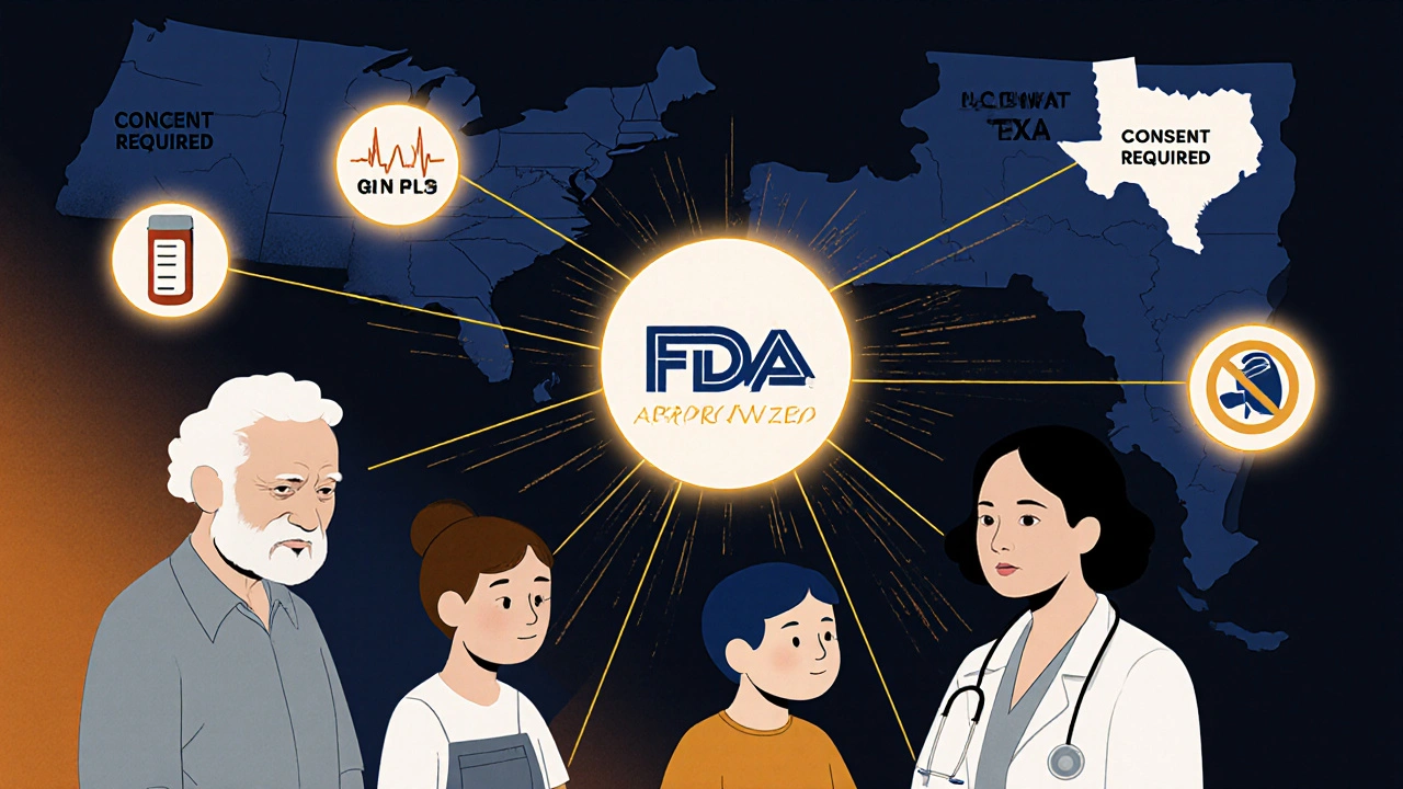 Diverse patients connected to a generic pill by golden threads, with medical icons and state laws around them.