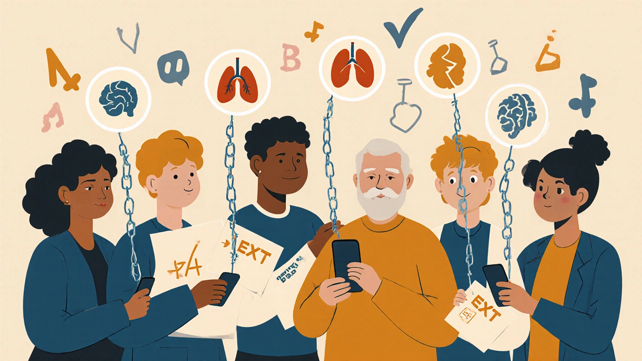 Diverse people connected by text reminders to health icons, symbolizing chronic disease adherence.