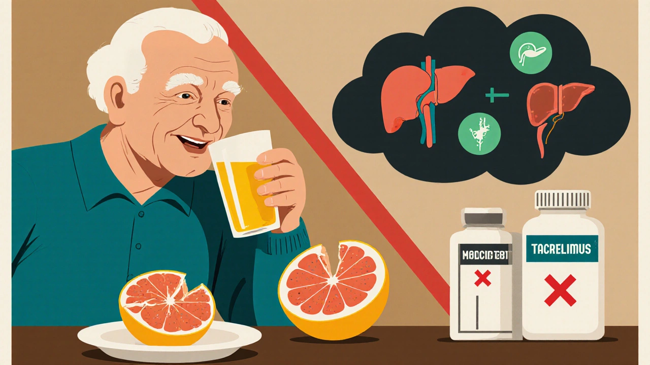 Elderly man drinks safe orange juice while shadowy grapefruit looms over risky medications in a stylized health poster.