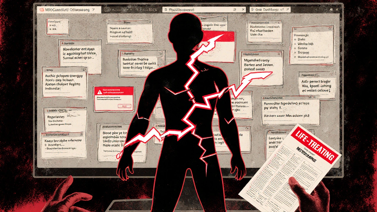 Fractured human body with interacting medications, glowing warnings ignored by computer, Polish poster aesthetic.