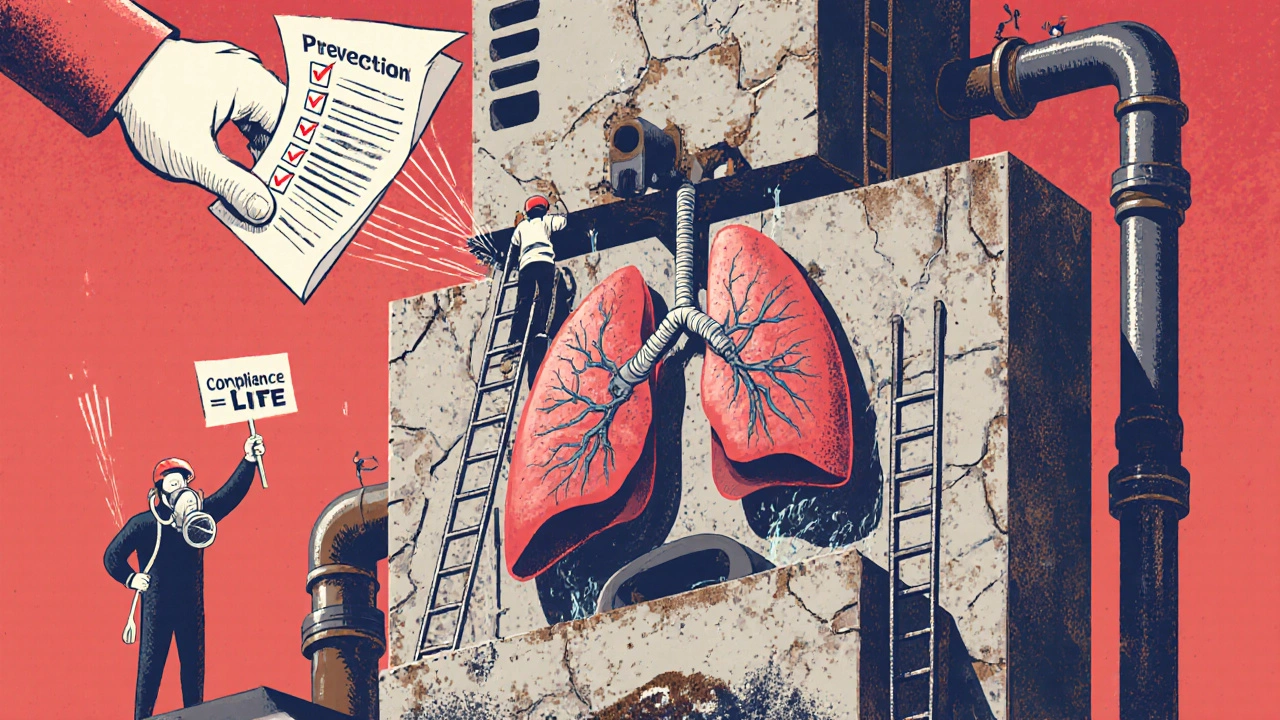 Giant lung made of concrete and pipes, workers installing safety systems, shadowy figure crumbling into dust.