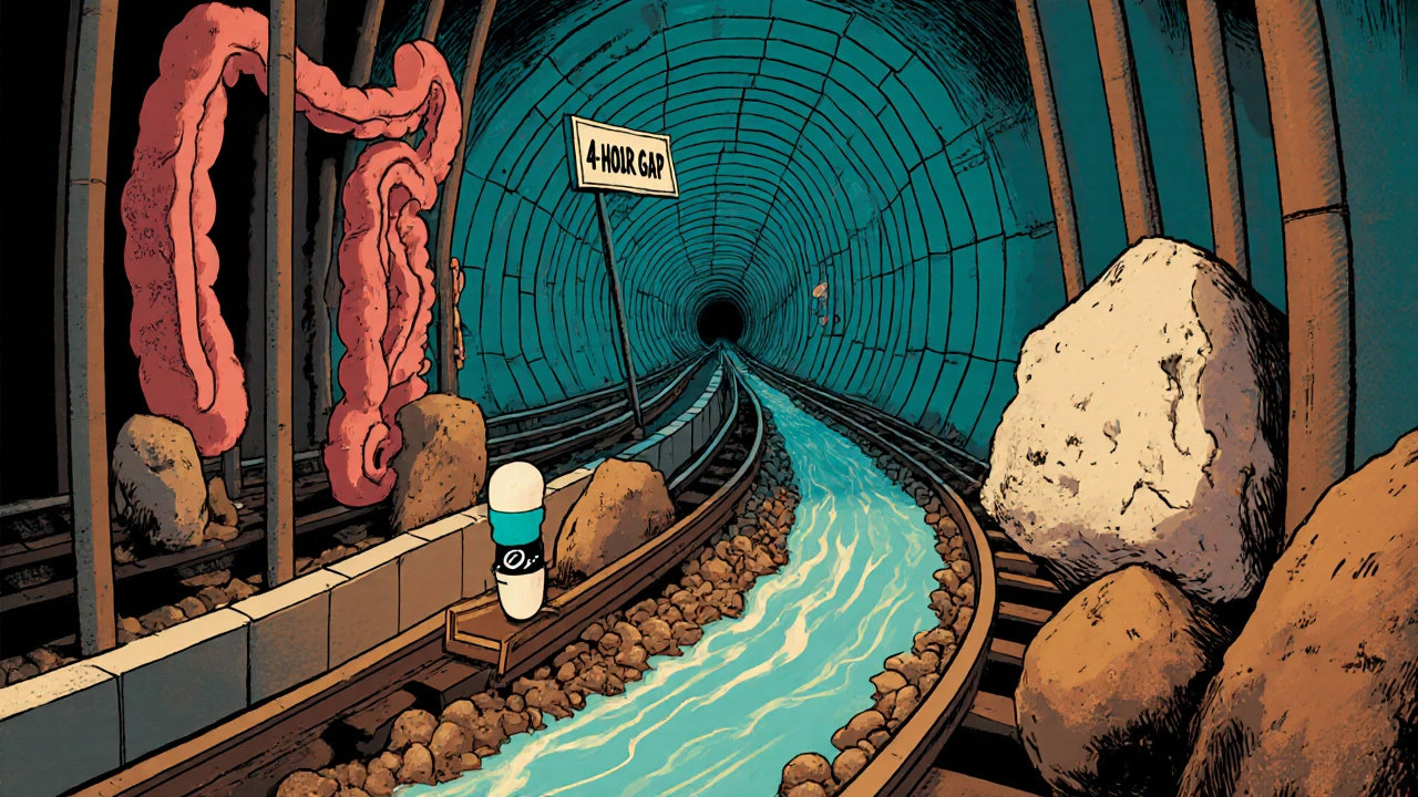 Human gut as a subway tunnel with iron blocks and apple juice as the only clear path.