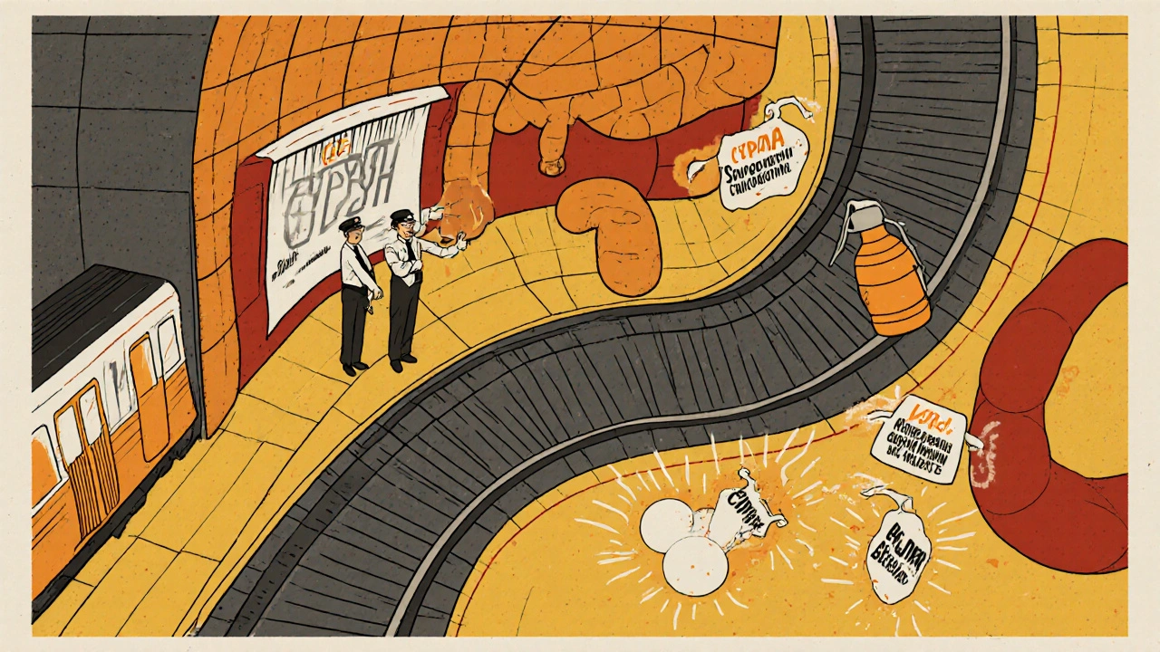 Human intestine as a subway tunnel where grapefruit juice disables enzyme inspectors, letting drug molecules surge through unchecked.