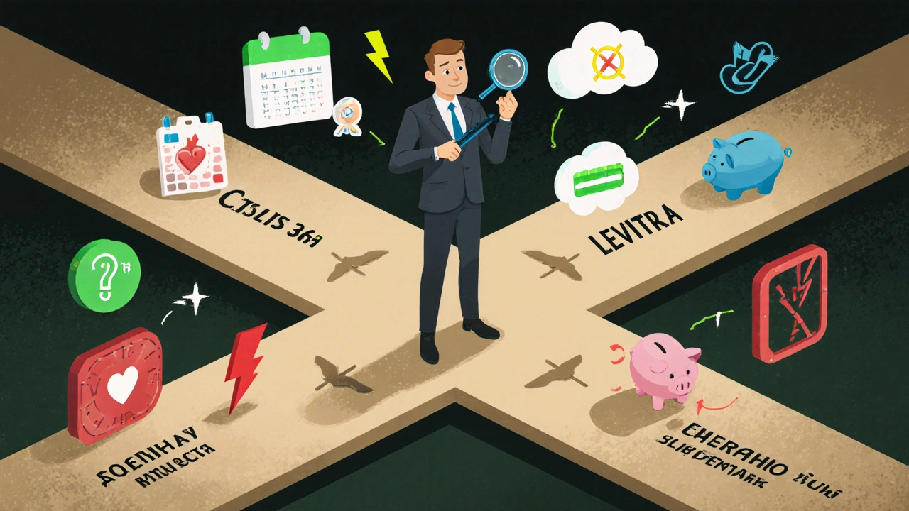 Man at a crossroads choosing between four ED medication paths, each represented by symbolic icons.