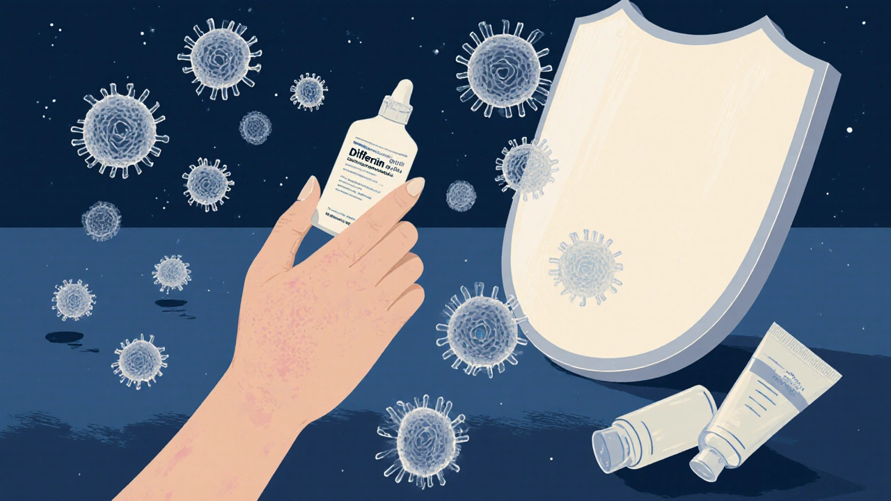 Nighttime application of Differin with glowing skin cells and sunscreen shield, surrounded by discarded acne treatments.