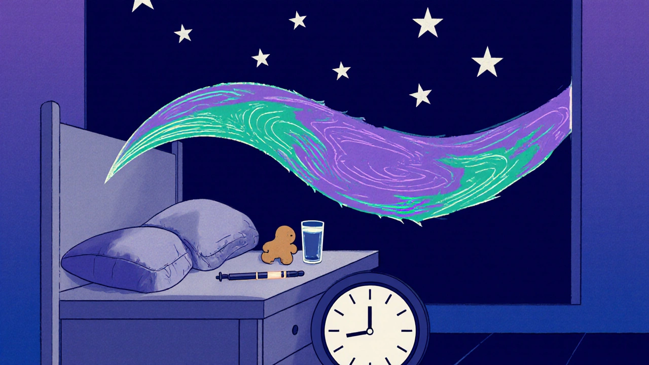 Nighttime scene with person sleeping, injection pen on nightstand, nausea fading into stars above.