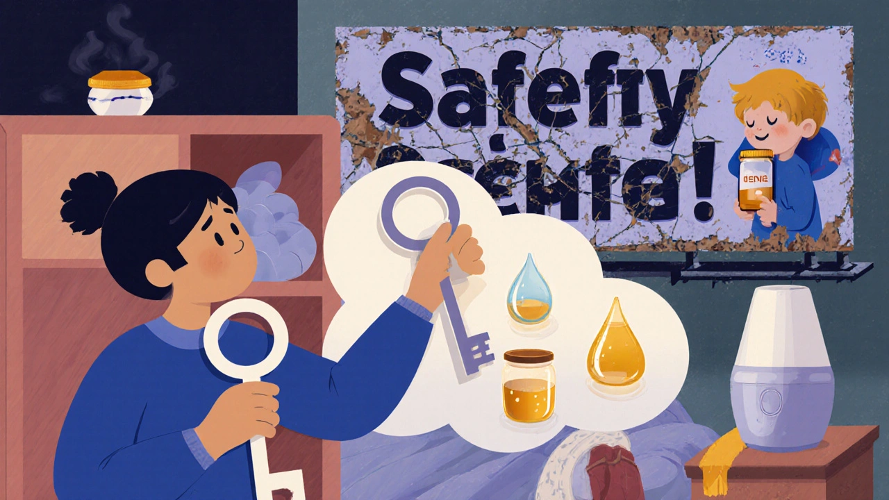 Parent locking medicine cabinet with rattle-shaped key, child sleeps peacefully as safe remedies glow softly.