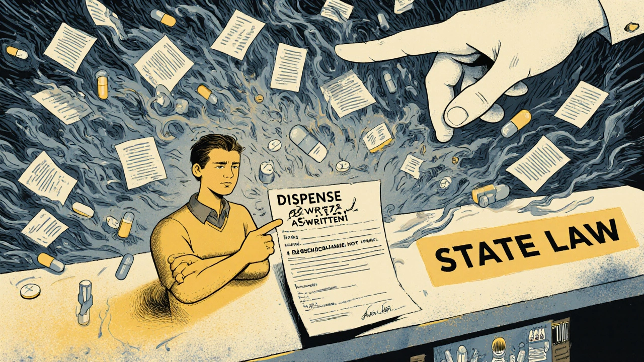 Patient standing firm at pharmacy counter with &#039;Dispense as Written&#039; prescription, surrounded by chaotic legal and drug symbols.