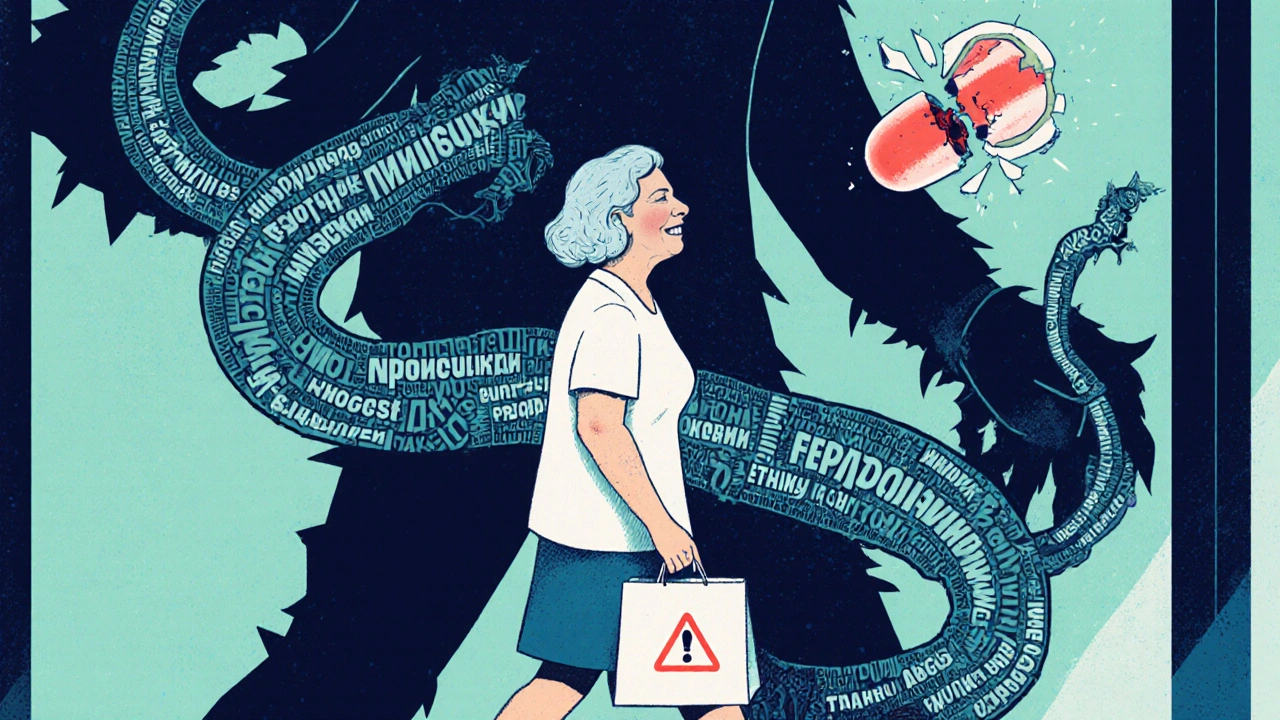 Patient walking from pharmacy while shadowy drug names form a pregnancy threat, surreal illustration style.