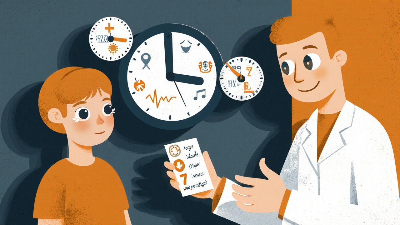 Pharmacist giving color-coded symptom card to patient with monitoring timeline in background.