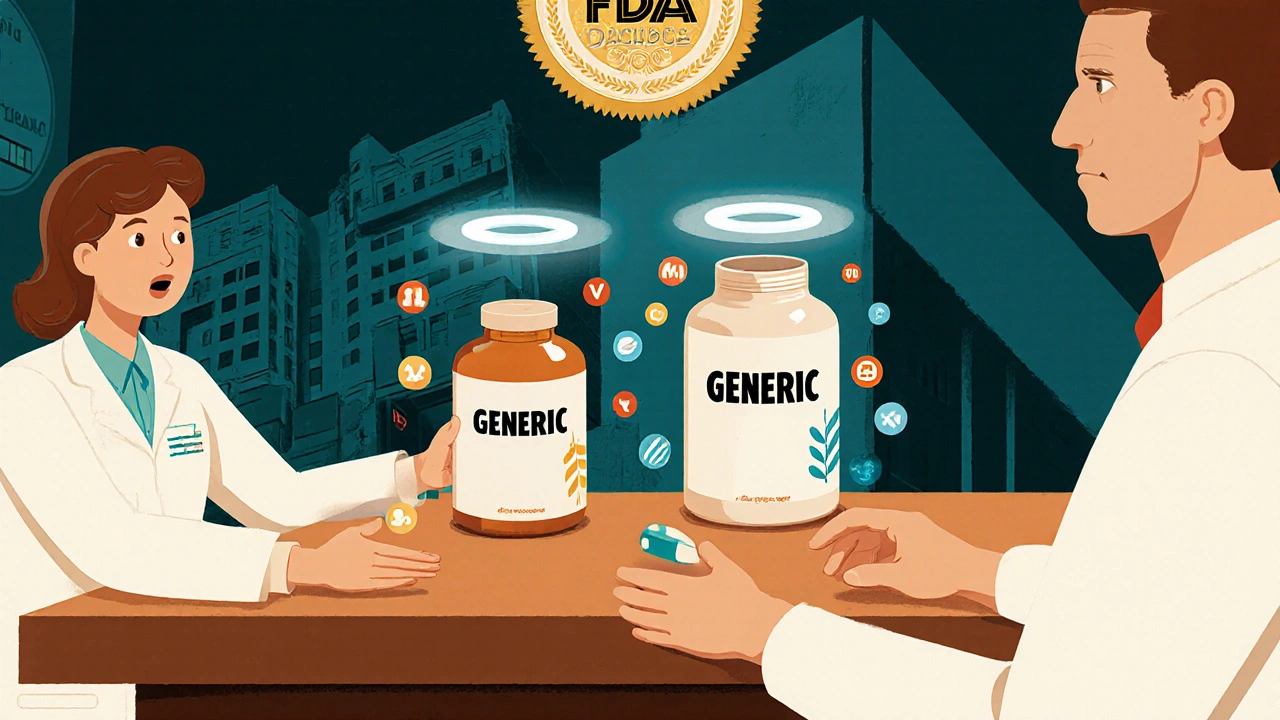 Pharmacist handing two bottles to a patient, with floating ingredient icons showing they are identical, in stylized geometric background.