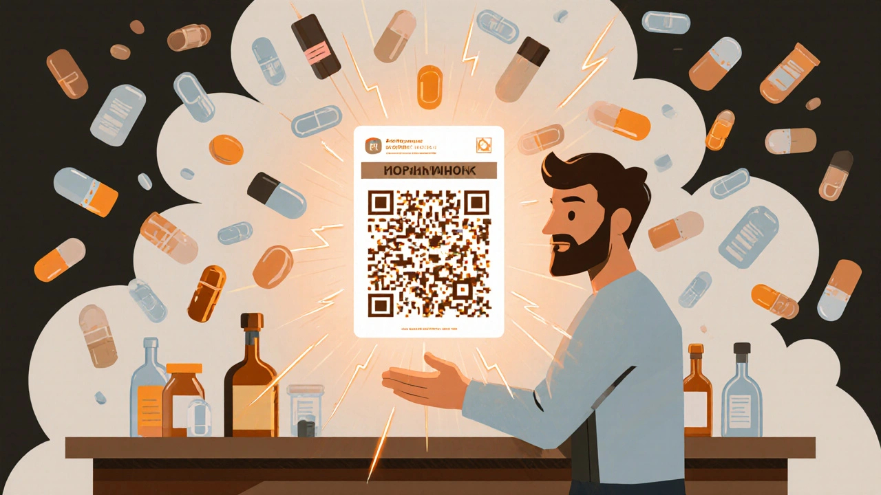 Pharmacist holding QR code projecting safety guide while dangerous pill cloud swirls nearby