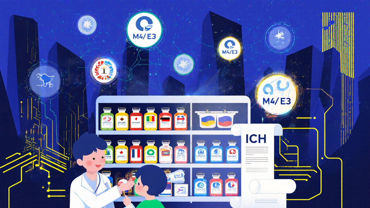 Pharmacy shelf with ICH-labeled medicines and digital health data streams above.