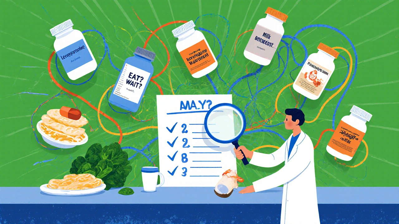 Pill bottles connected to breakfast foods in a tangled web at a pharmacy counter, depicted in vibrant Polish poster design.