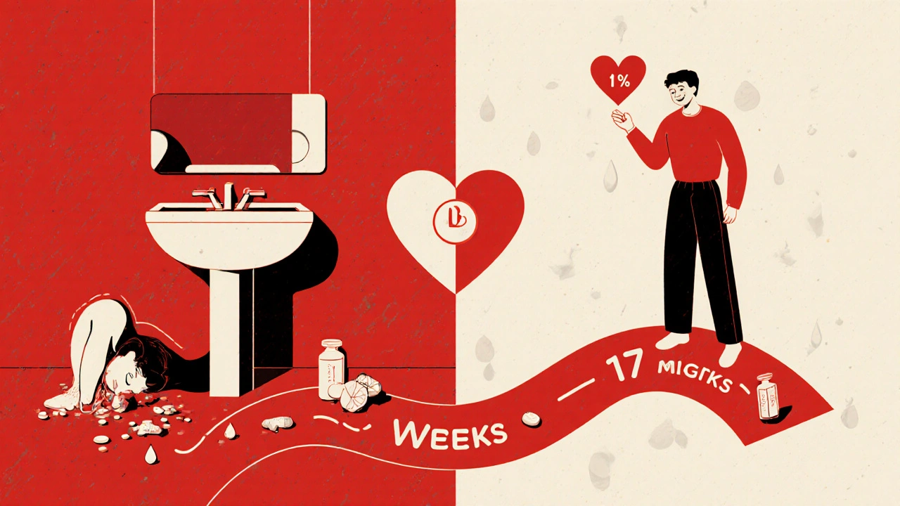 Split image: person sick on bathroom floor vs. healthy and smiling with weight loss scale and heart icon.