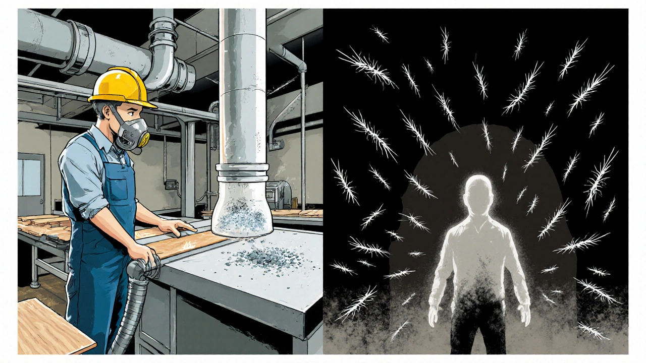 Split scene: safe wet-cutting station vs. dangerous asbestos exposure with ghostly figure fading away.