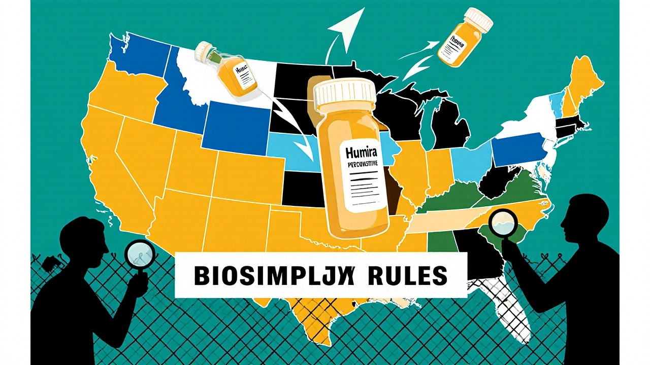 Stylized U.S. map showing state-by-state pharmacy substitution rules with floating prescription bottles and legal barriers.