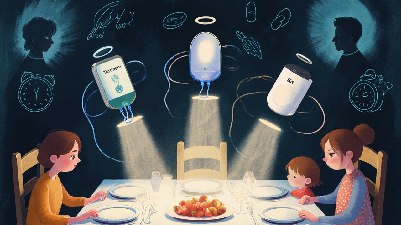 Three automated insulin devices hover like guardians over a family dinner, casting light as past diabetes struggles fade away.