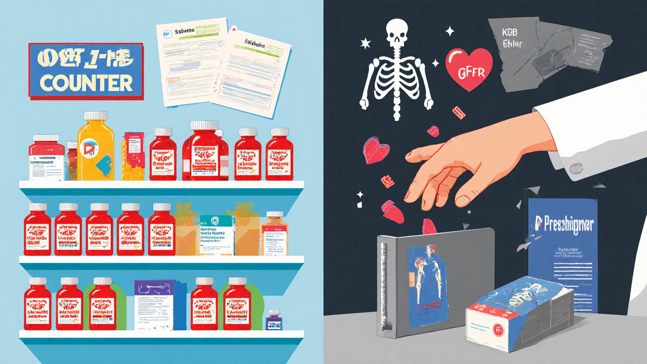 Two pharmacy shelves: dangerous over-the-counter antacids vs. safe prescription binders.