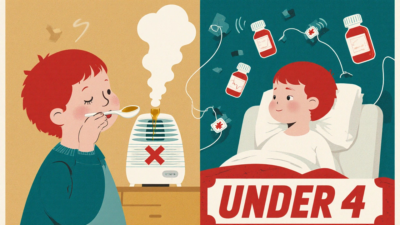 Two toddlers: one safe with honey and humidifier, other in hospital with broken medicine bottles and red X.