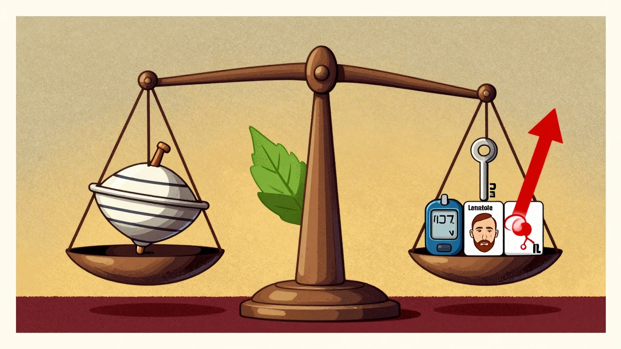A balanced scale with fertility drugs as symbols, metformin tipping the scale toward health icons.