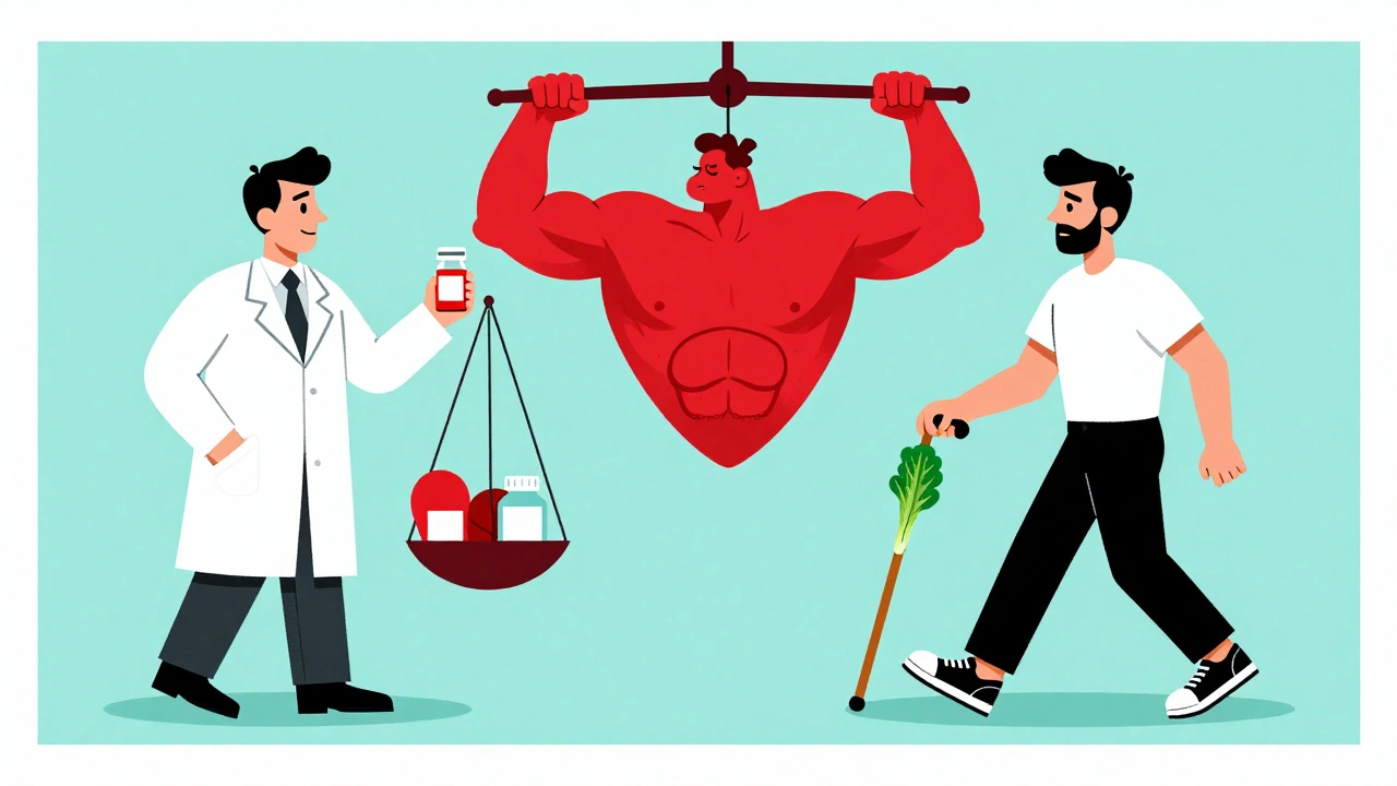 A balanced scale with heart and muscle on opposite sides, symbolizing the choice between medication and lifestyle.
