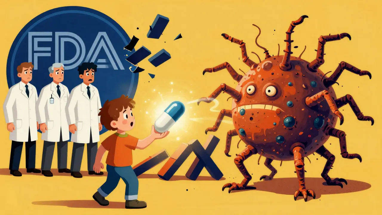 A child holding an expired pill that turns into a multi-headed superbug, while doctors crumble in the background.