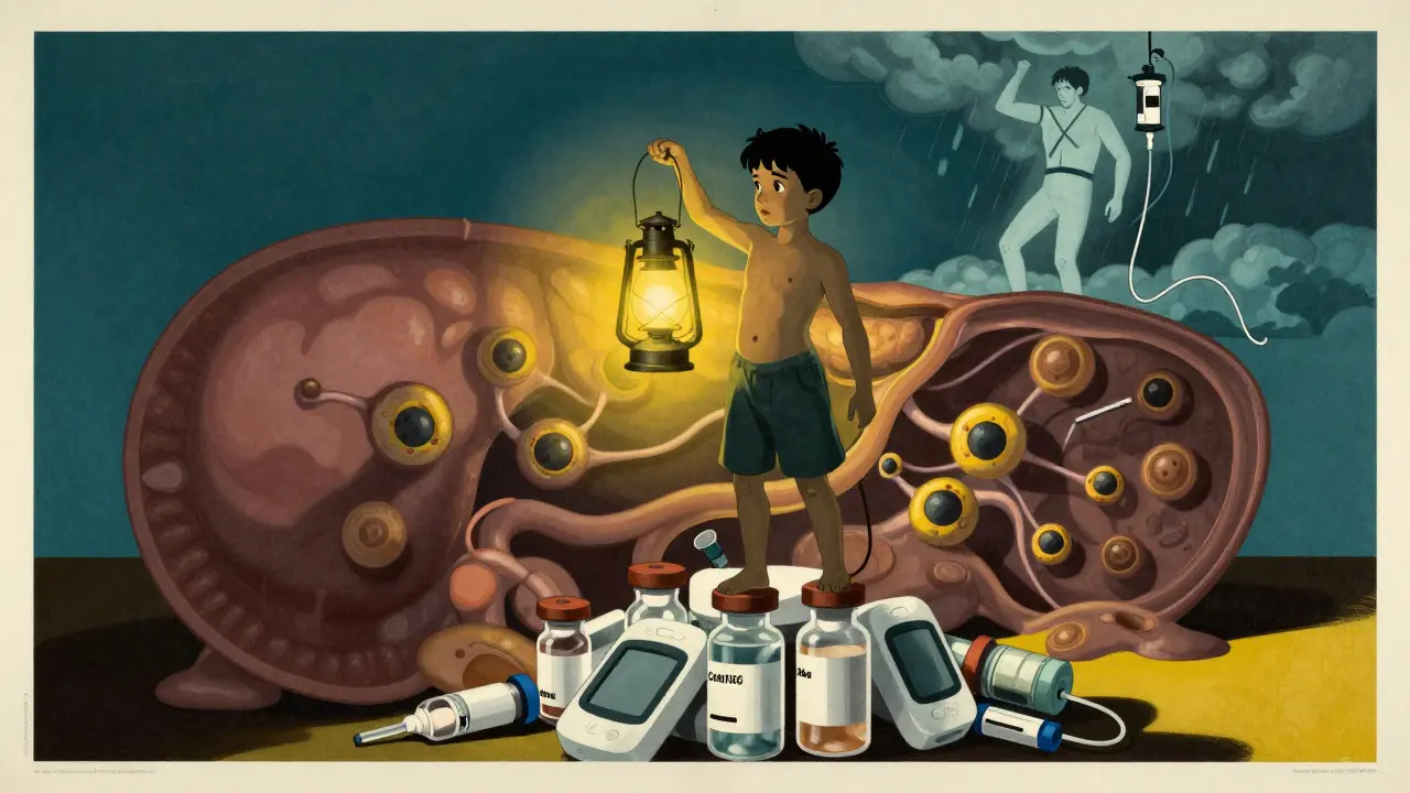 A child holds a glowing beta cell while stem cells rebuild a damaged pancreas, surrounded by medical devices in Polish poster style.