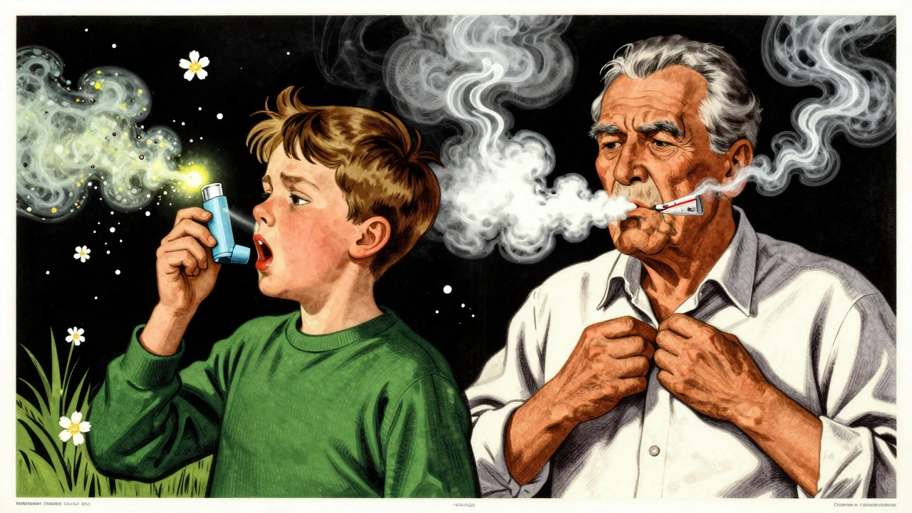A child with asthma beside an adult with COPD, each breathing differently, shown in bold graphic poster style.