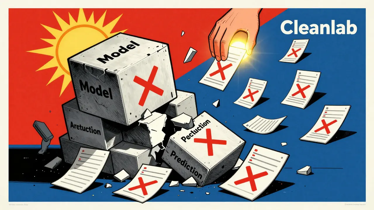 A collapsing AI model weighed down by mislabeled medical records, with a corrective hand replacing them in bold graphic composition.
