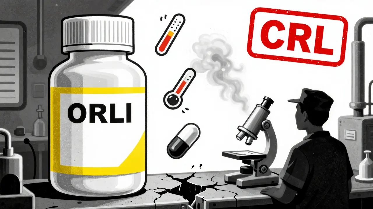 A generic drug bottle on a broken production line with quality control failures floating around it.