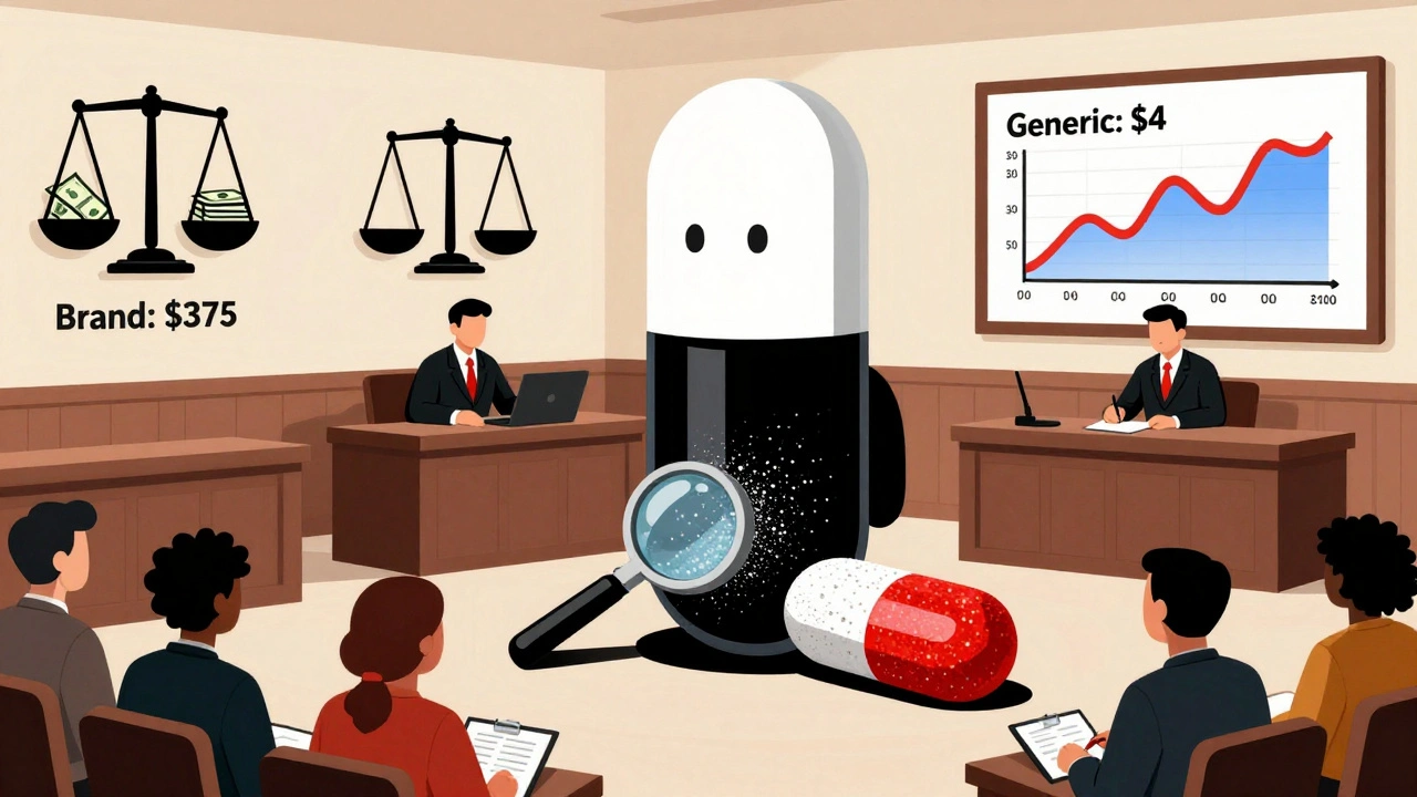 A generic pill on trial against a flashy brand-name pill in a courtroom with FDA magnifying glass as judge and patients as jury.