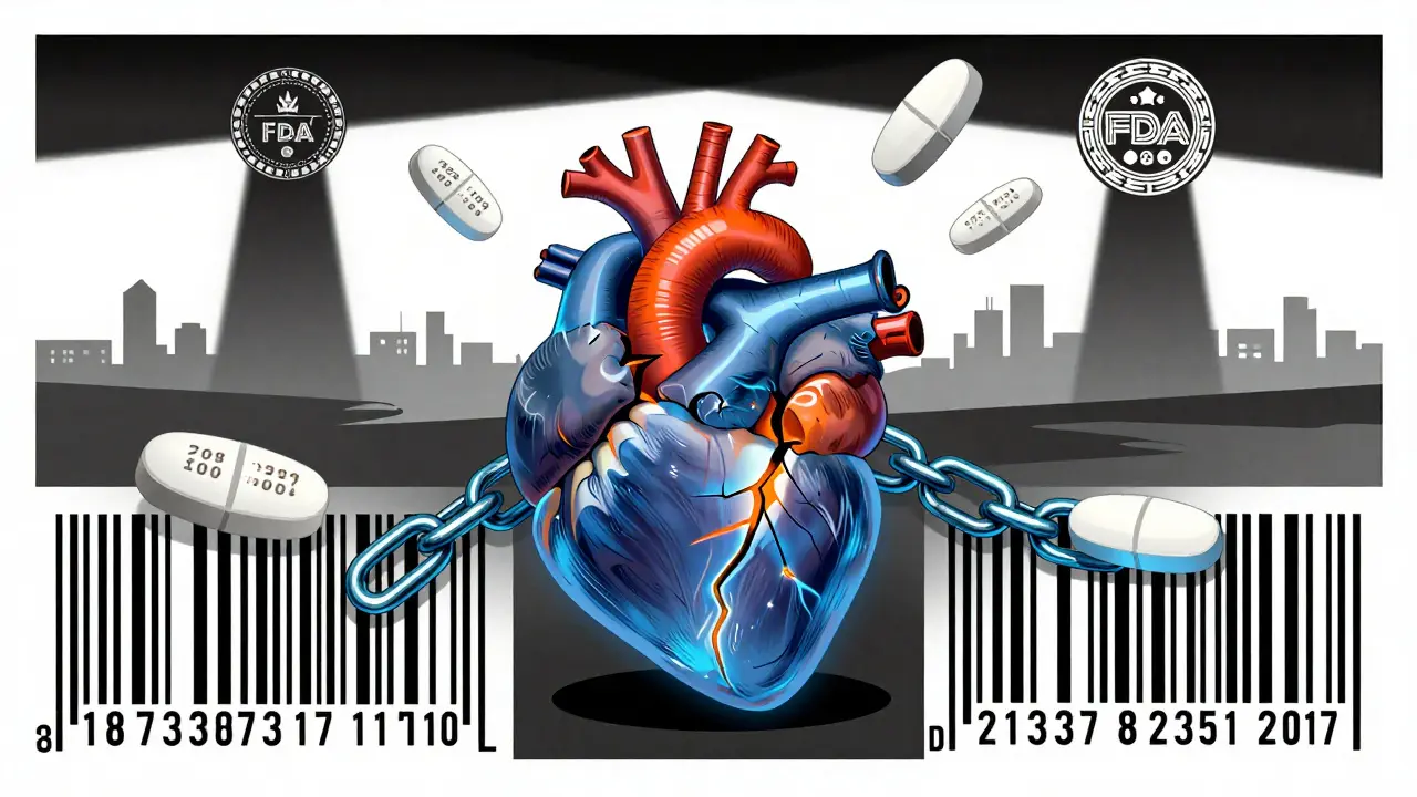 A heart made of barcode chains, one cracked and glowing orange, surrounded by verified pills and a protective FDA seal casting a shadow.