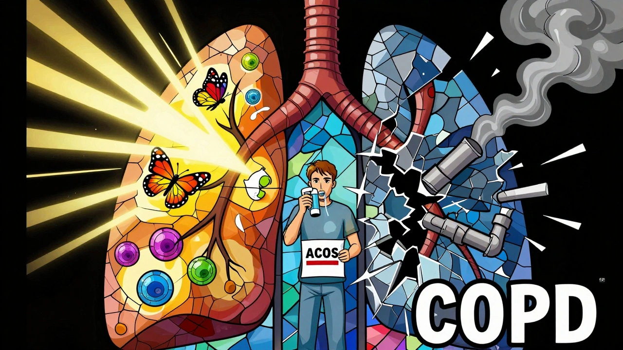 A lung depicted as a stained-glass cathedral, split between asthma’s color and COPD’s decay, in abstract poster art.