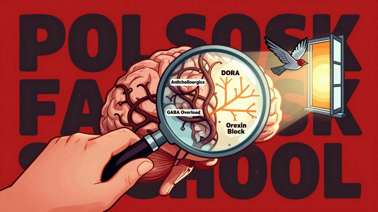 A magnifying glass reveals two brain worlds—one dark and tangled, the other bright and clear—symbolizing sleep aid effects.