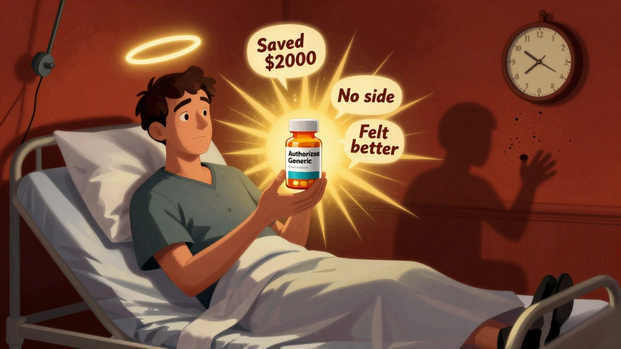 A patient holds an authorized generic pill bottle with glowing positive feedback radiating from it, while doubt fades into darkness.