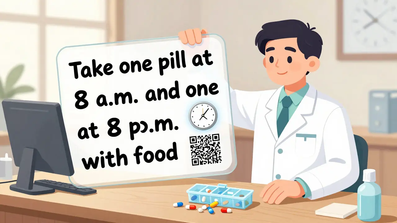 A pharmacist handing a patient a clear, easy-to-read prescription label with time-specific instructions and a QR code.