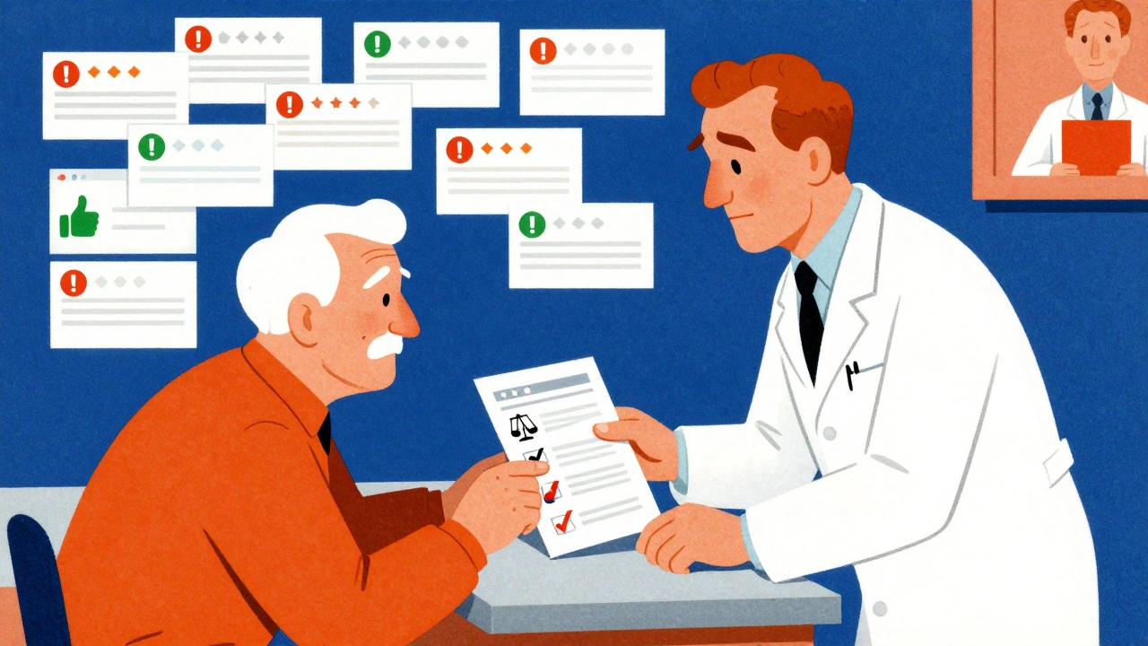 A pharmacist hands a patient a fact sheet about generics, while online reviews swirl around them in a chaotic wall of color and text.