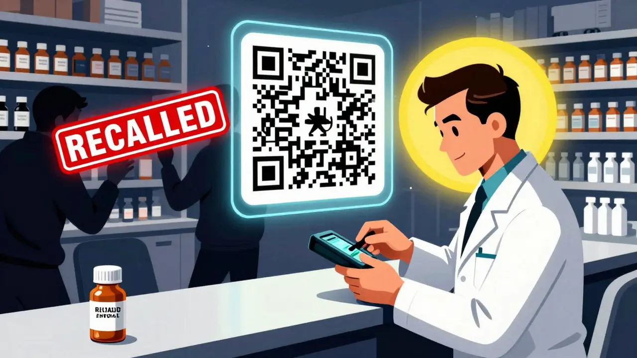 A pharmacist scanning a pill bottle while shadowy counterfeiters are stamped with 'RECALLED' in a bold, stylized pharmacy scene.