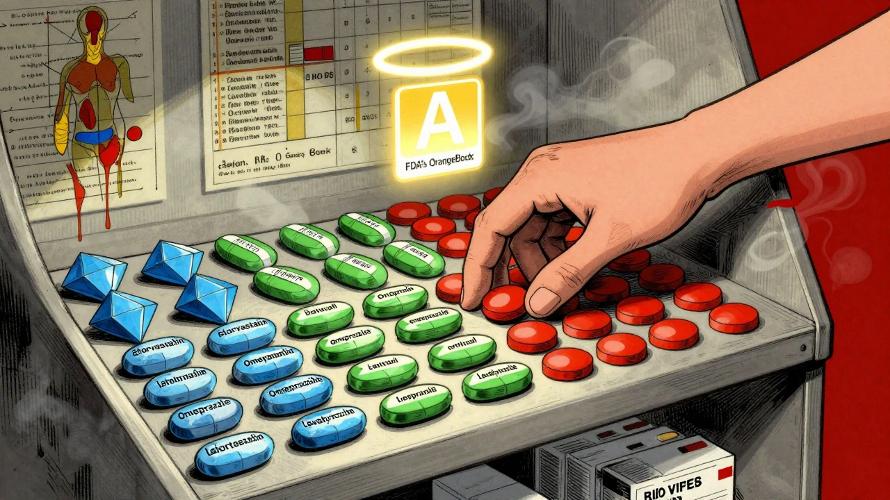 A pharmacy shelf filled with differently shaped generic pills, one being picked while an FDA &#039;A&#039; rating glows above.