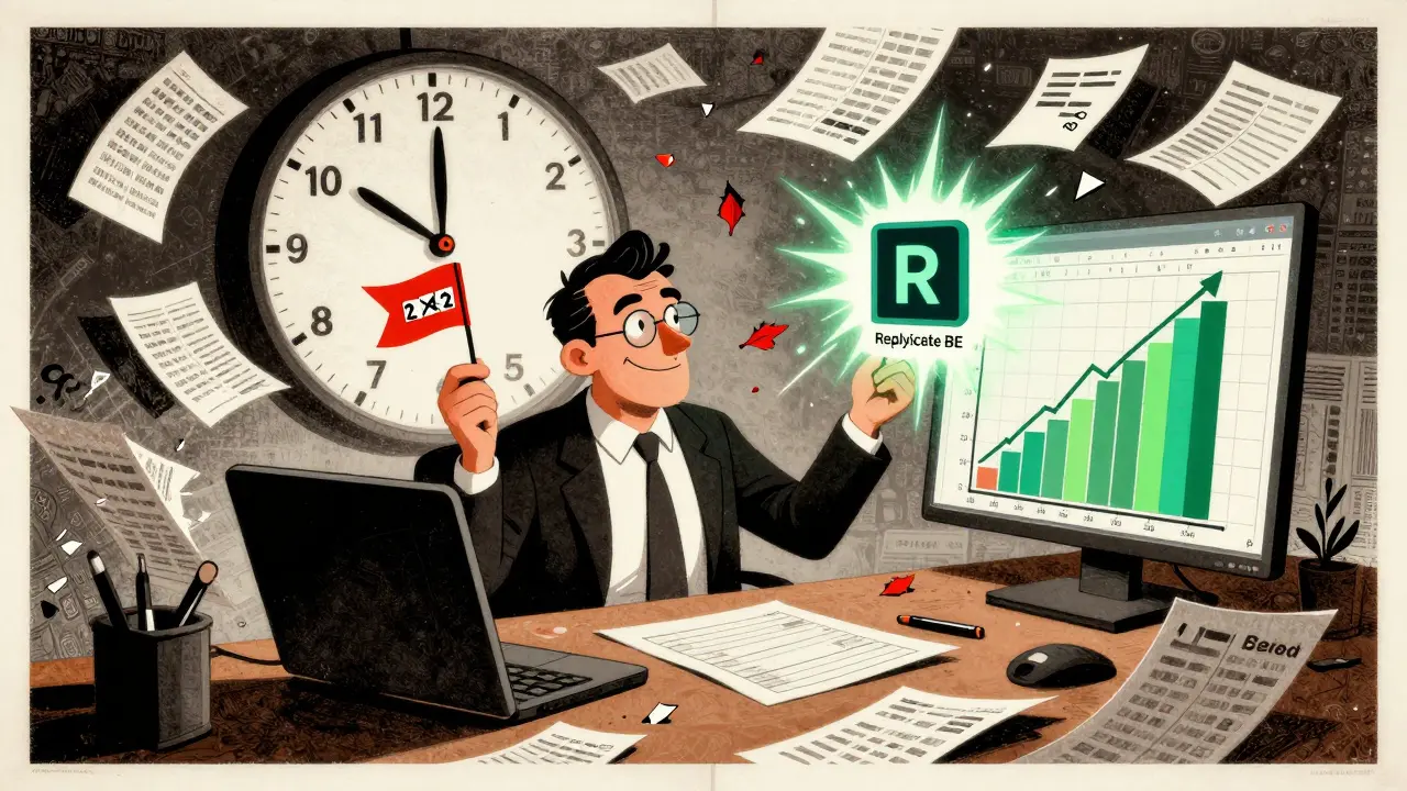 A statistician holding a failing study and a glowing R package, transforming data chaos into a clean bioequivalence graph.