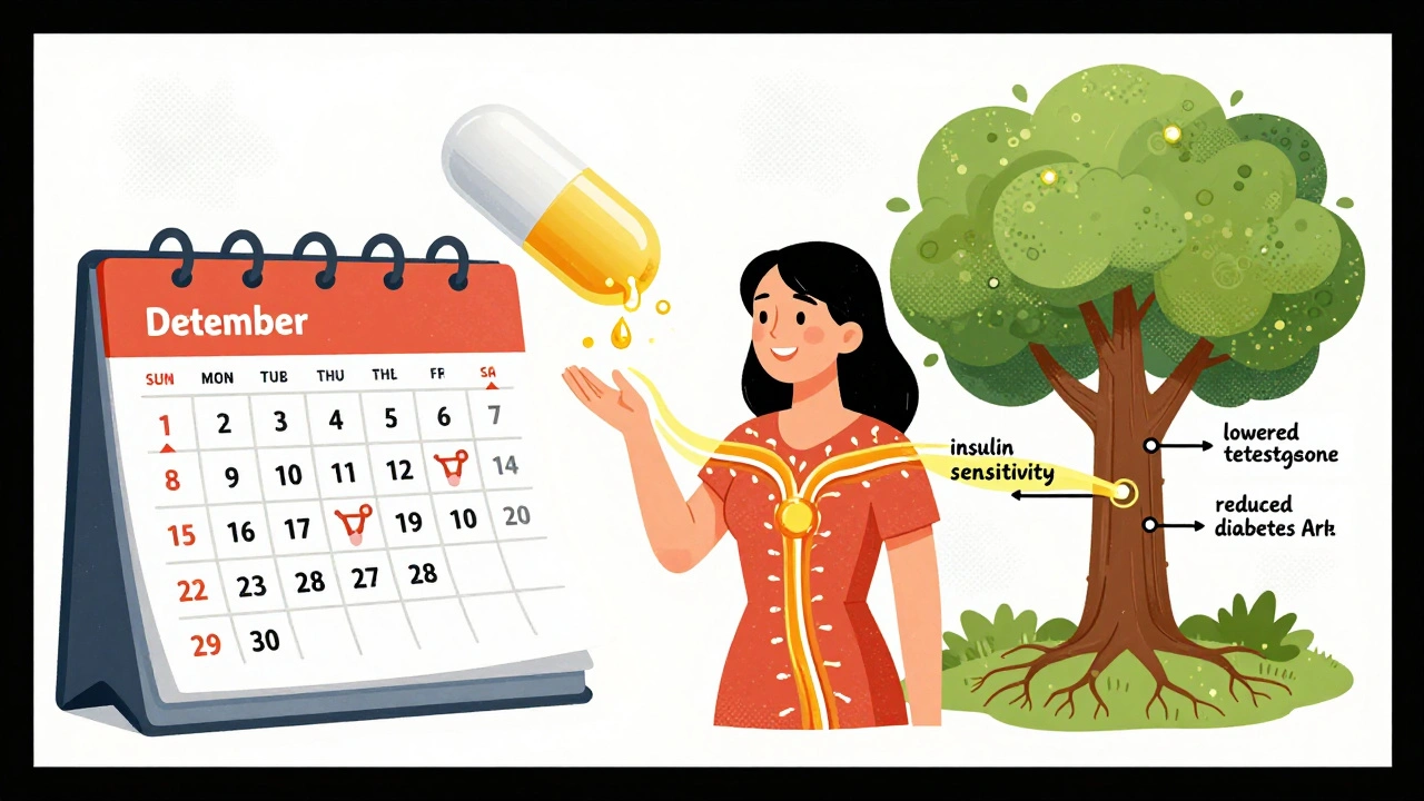 A woman smiling at her calendar, metformin tablet dissolving into golden energy feeding a health tree.