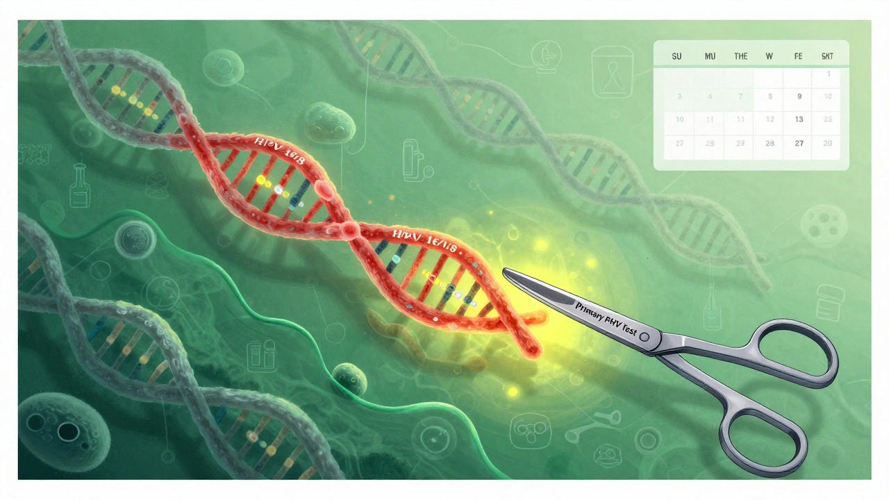 Abstract cervical cells with a glowing HPV strand being cut by a test labeled &#039;Primary HPV Test&#039;.