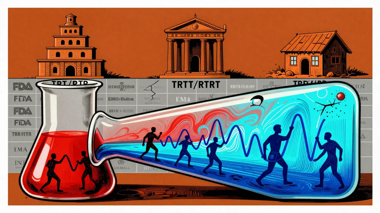 An abstract beaker with swirling drug variants, above which three study designs appear as architectural forms against regulatory logos.
