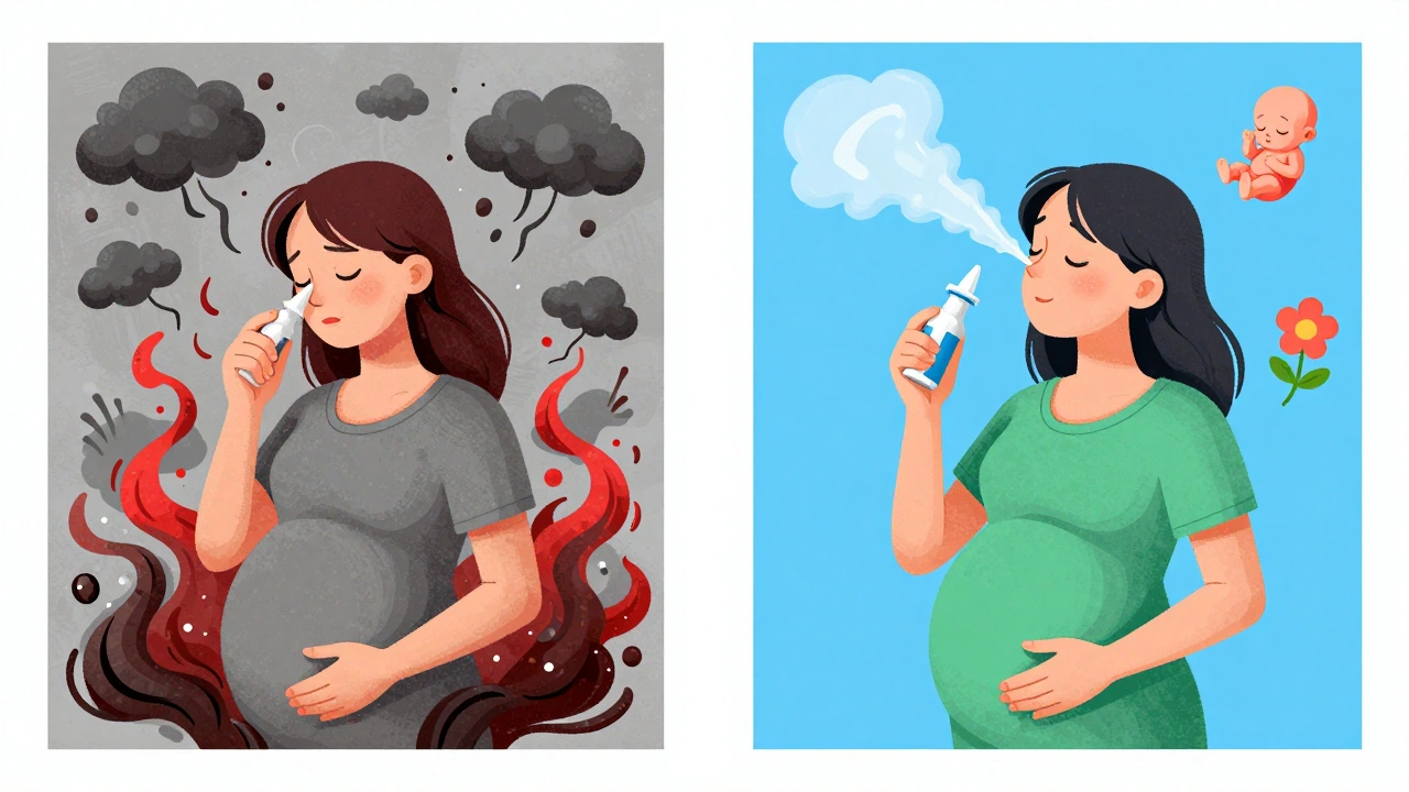 Before and after: tired woman surrounded by allergens vs. calm woman with protective mist and symbols of health.