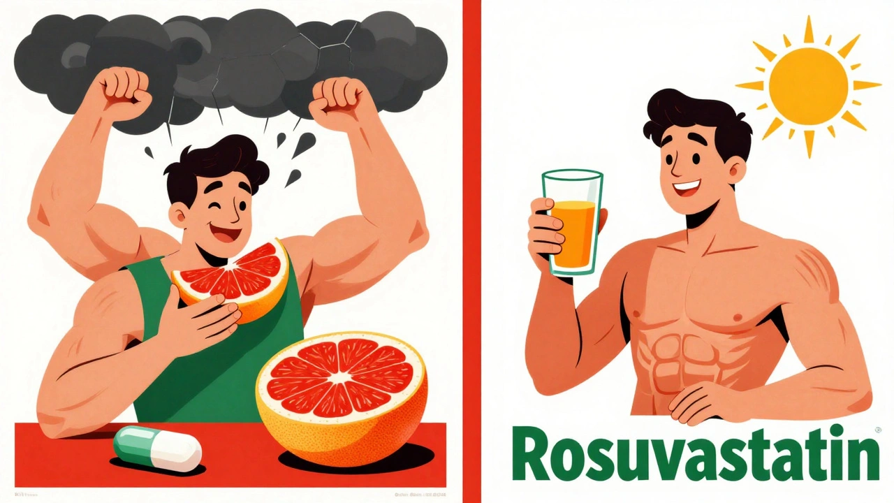 Contrasting scenes: grapefruit with dangerous statin vs. orange juice with safe statin in poster style.