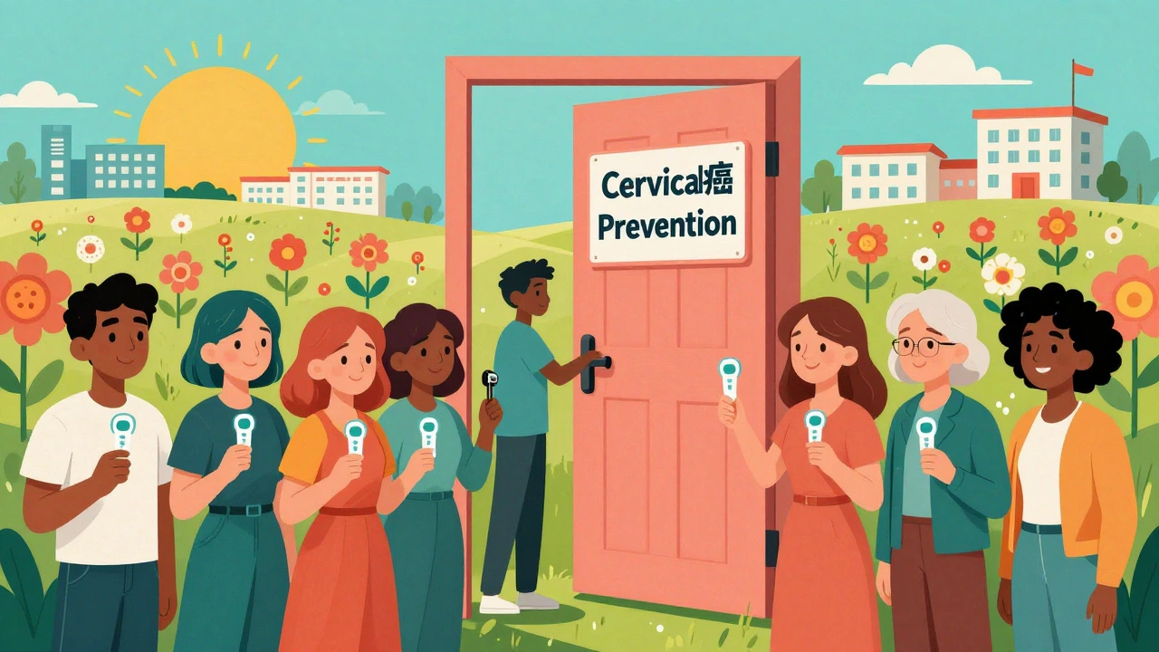 Diverse people unlocking a prevention door with self-collection kits, revealing a healthy future.