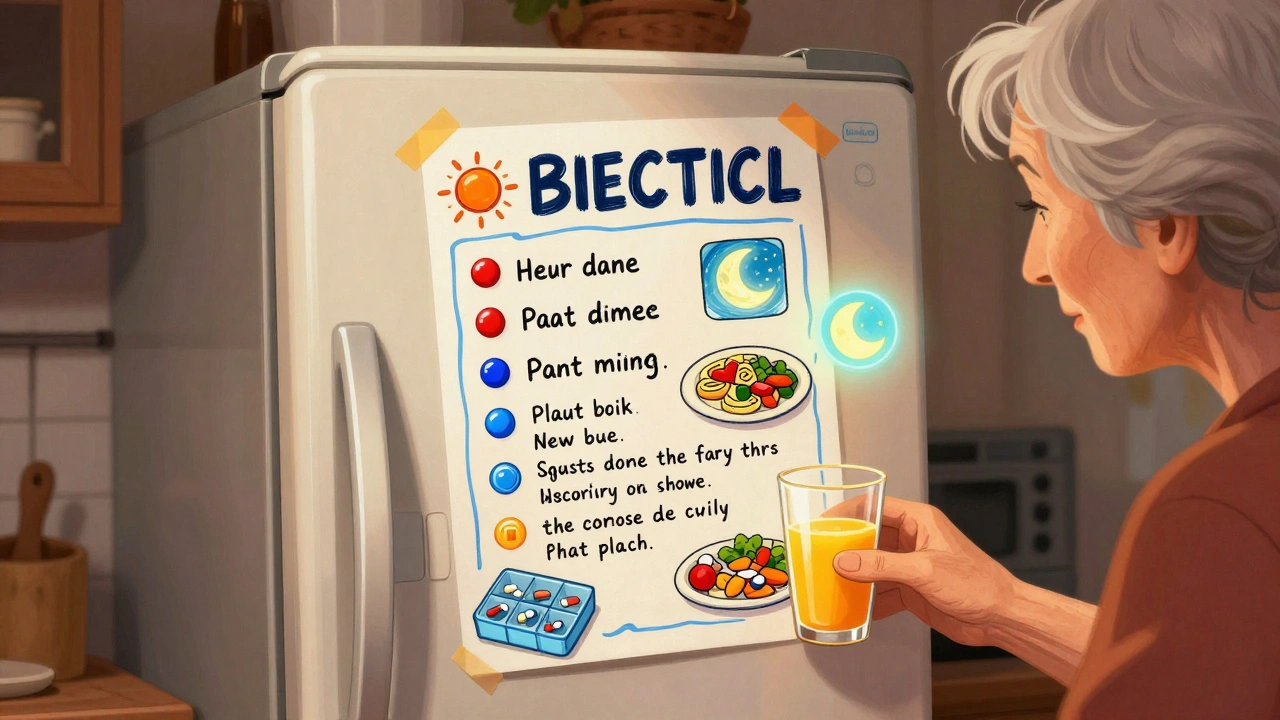 Elderly woman’s fridge with a hand-drawn, color-coded medication plan beside coffee, meals, and a pill organizer.